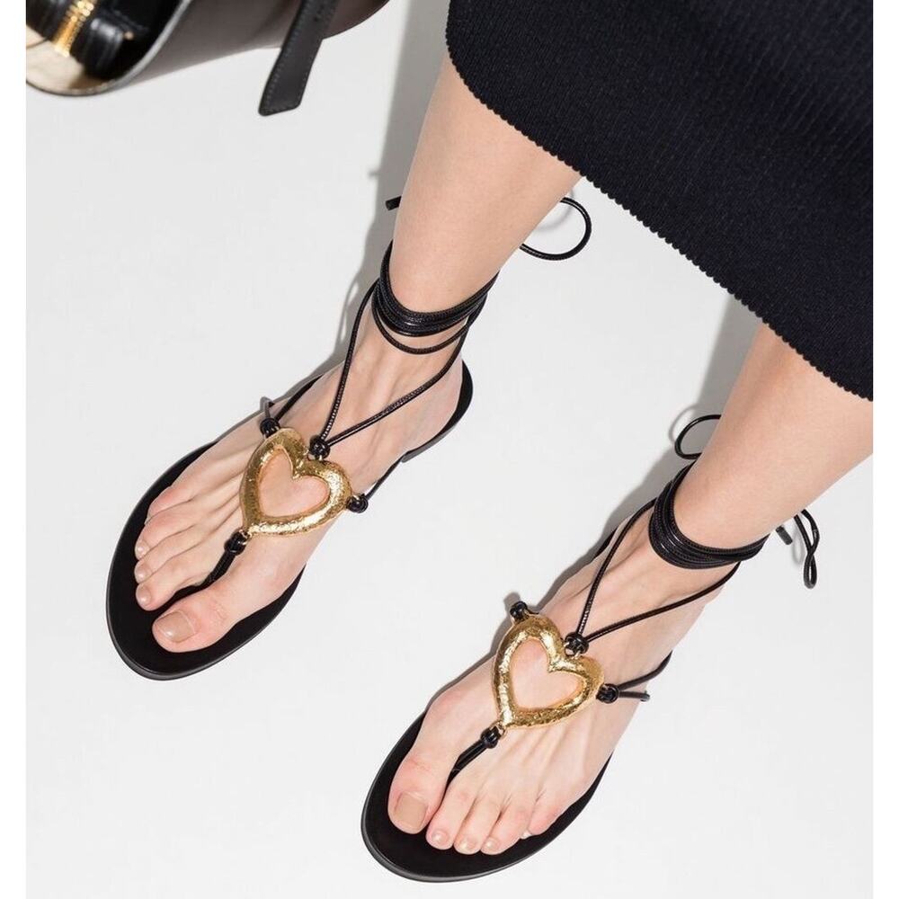 Saint Laurent Love Gold Heart EU 37.5 US 7.5 Gladiator Sandals Black Leather NIB